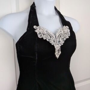 Vintage Badge Black Velvet Halter Dress Lace Sequin Faux Pearl Tassel Size 7 90s